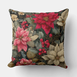 Winter Holiday Poinsettias And Berries Floral Kussen