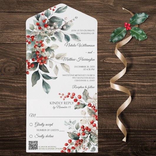 Winter Holly Berry met QR-code All In One Uitnodiging