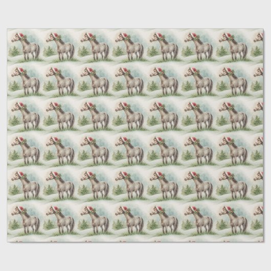 Winter Horse Gift Wrap with Santa Hat Cadeaupapier (Vlak)