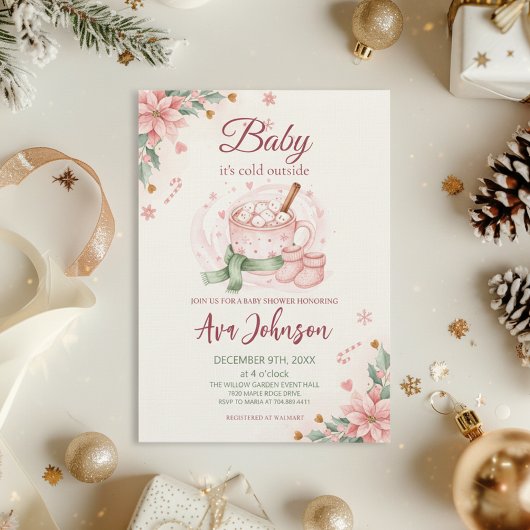 Winter Hot Cocoa Baby Shower Invitation Pink Kaart