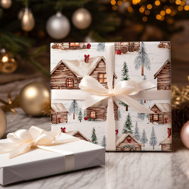 Winter Houten Cabine Kerstmis Cadeaupapier