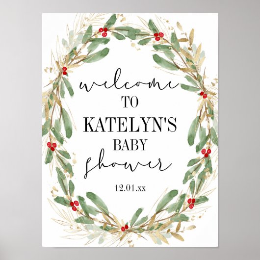 Winter Hulst Baby Shower Ontvangstbord Kerstmis Poster (Voorkant)