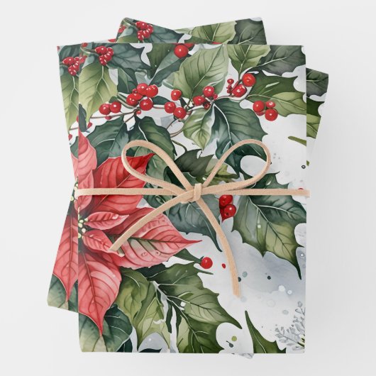 Winter hulst verpakkings papier plat vel set van 3 (In situ)