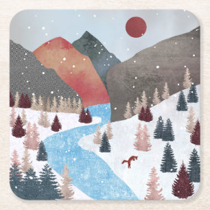 Winter Hunting Fox Vierkante Kartonnen Onderzetter