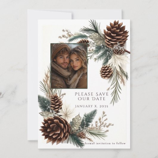 Winter Huwelijk Denneappels Denne Naalden Save The Date (Voorkant)