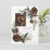 Winter Huwelijk Denneappels Denne Naalden Save The Date (Staand voorkant)
