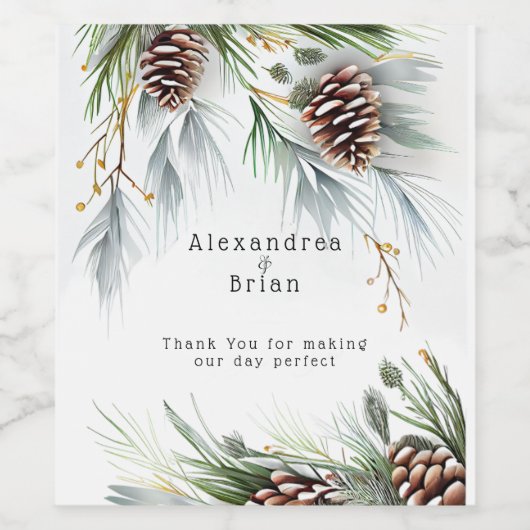 Winter Huwelijk Dennenzapfen Sneeuw Dennentakken   Wijn Etiket (Enkel label)