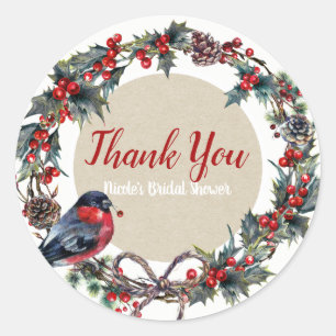 Winter Huwelijk Vakantie Kerstmis Hulst Bes Vogel Ronde Sticker