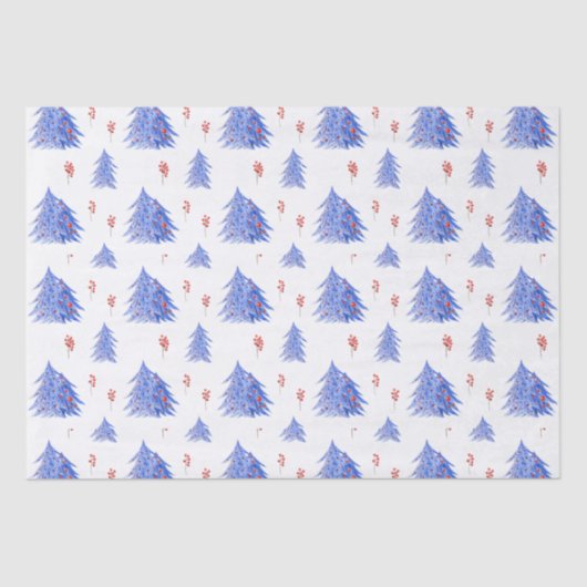 Winter Ice Blue Tree Holly bessen Witte Kerstmis Tissuepapier (Voorkant)