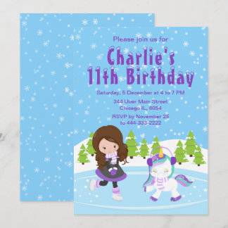 Winter Ice Skies Birthday Brown Hair Girl Invita Kaart