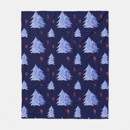 Winter Ijs Blauw Boom Hulst Bessen Marineblauw Ker Fleece Deken (Voorkant)