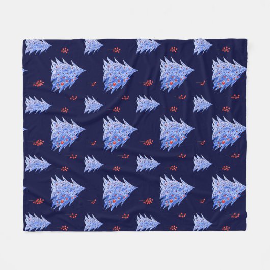 Winter Ijs Blauw Boom Hulst Bessen Marineblauw Ker Fleece Deken (Voorkant (Horizontaal))