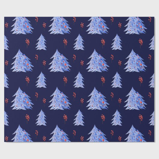 Winter Ijs Blauwe Bomen Hulst Bessen Navy Kerstmis Cadeaupapier (Vlak)