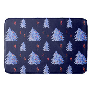 Winter Ijsblauw Boom Hulst Bessen Navy Kerstmis Badmat