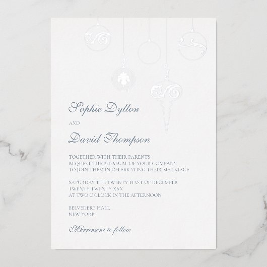 Winter IJsblauwe Kerstversieringen Bruiloft Zilver Folie Uitnodiging (Voorkant)