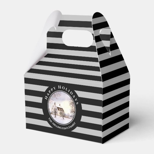 Winter in New England Kerstmis zwarte cirkel Bedankdoosjes (Achterkant)