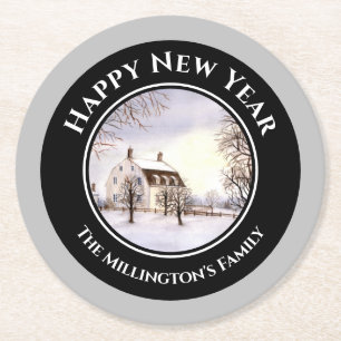 Winter in New England Kerstmis zwarte cirkel Ronde Kartonnen Onderzetter