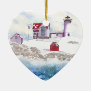 winter in Nubble LIghthouse Maine Heart Ornament