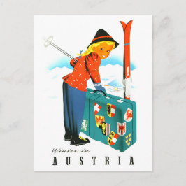 Winter in Oostenrijk, ski meisje met grote koffer Briefkaart