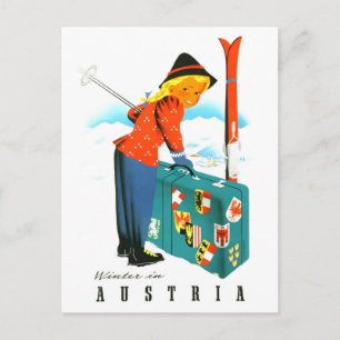Winter in Oostenrijk, ski meisje met grote koffer Briefkaart
