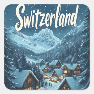Winter in Zwitserland: Mountain Village Scene Vierkante Sticker