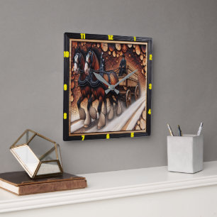 Winter Journey Charred Wood Clydesdale meesterwerk Vierkante Klok