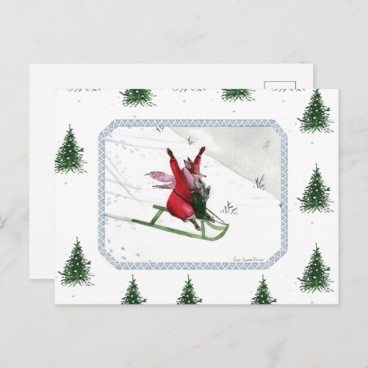 Winter Joy Fox Rabbit Tobogganing Holiday Briefkaart (Voorkant / Achterkant)