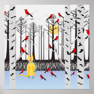 Winter Joy - Kat met sjaal Berkenbomen Kardinalen Poster