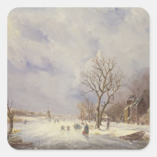 Winter Kanaal Scene, 19e eeuw Vierkante Sticker