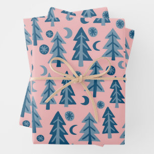 Winter Kerst Blauw Roze Bomen Patroon Cadeau Inpakpapier Vel