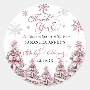 Winter Kerst Roze Baby shower Dank u Ronde Sticker