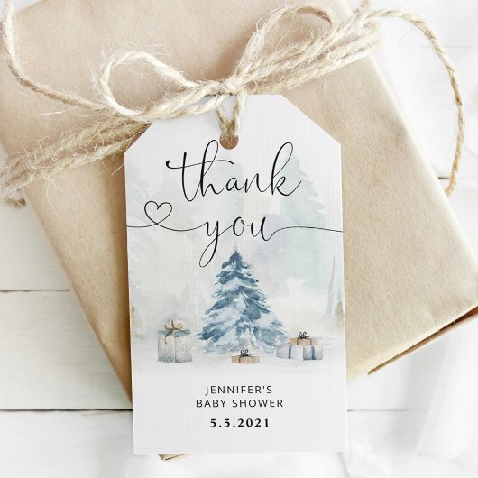 Winter Kerstboom baby shower dank u Cadeaulabel