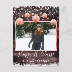 Winter Kerstkaart met Sneeuw & Roze Ornamenten Feestdagenkaart