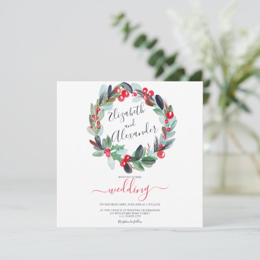 Winter Kerstkrans Bloemen waterverf bruiloft Kaart (Staand voorkant)