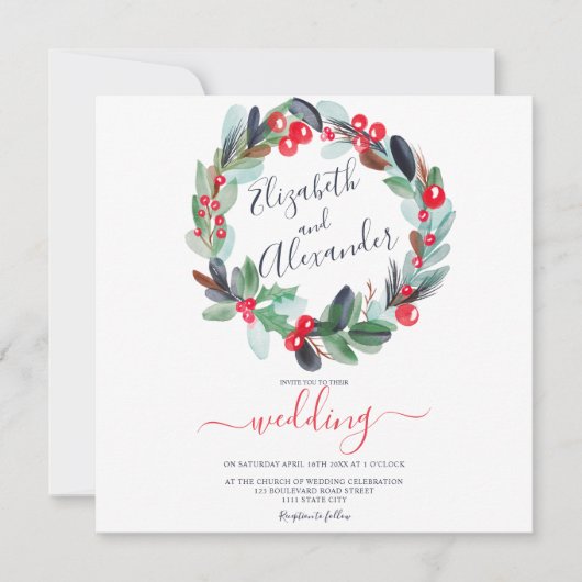 Winter Kerstkrans Bloemen waterverf bruiloft Kaart (Voorkant)