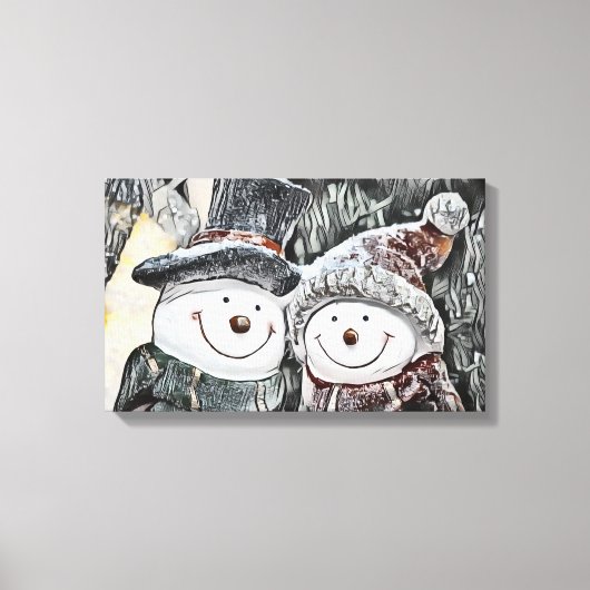 Winter, kerstman en sneeuwvrouw tekenen canvas afdruk (Voorkant)