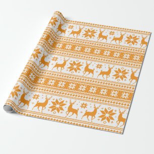 Winter Kerstmis Deer Oranje Snowflake Pattern Cadeaupapier