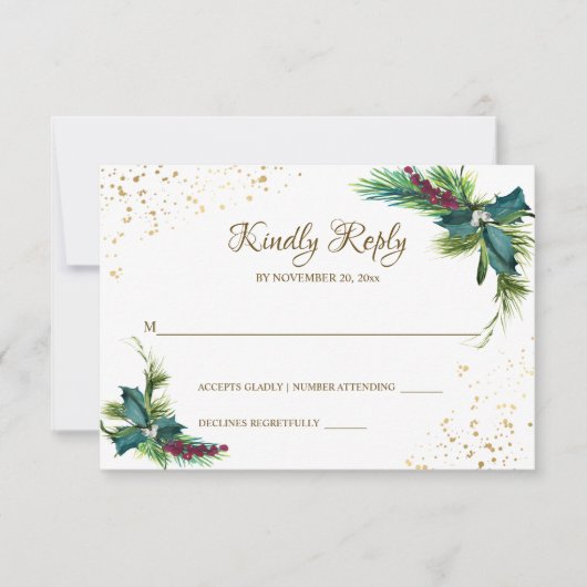 Winter Kerstmis Evergreen Holly Wedding RSVP Kaartje (Voorkant)