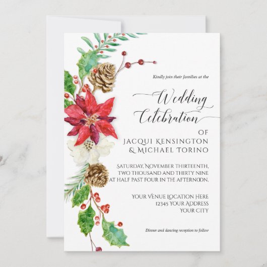 Winter Kerstmis Floral Red Gold Poinsettia Holly Kaart (Voorkant)