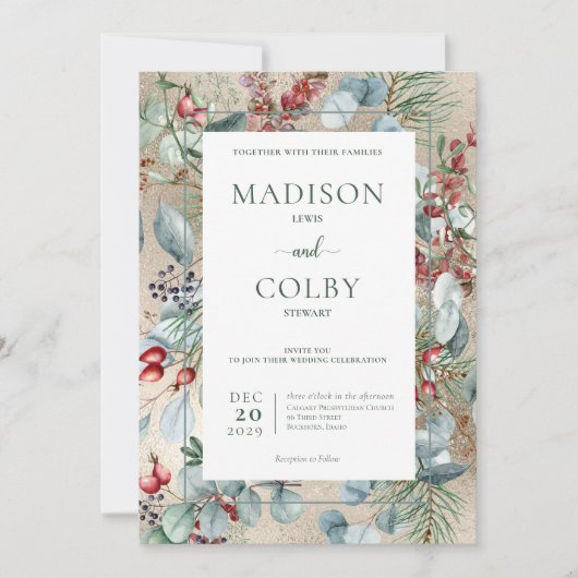 Winter Kerstmis Greenery Gold Weddenschap Kaart (Voorkant)