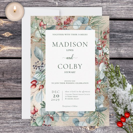 Winter Kerstmis Greenery Gold Weddenschap Kaart