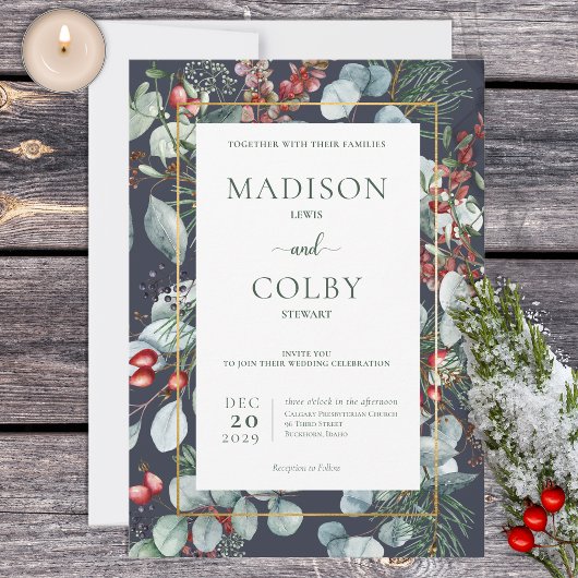 Winter Kerstmis Greenery Navy Wedding Invitation Kaart