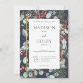 Winter Kerstmis Greenery Navy Wedding Invitation Kaart (Voorkant)