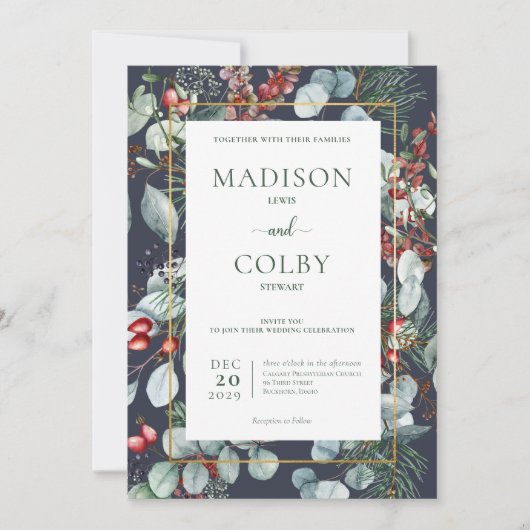 Winter Kerstmis Greenery Navy Wedding Invitation Kaart (Voorkant)