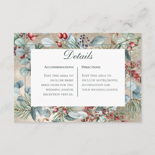 Winter Kerstmis Groen Goud Details Bruiloft Informatiekaartje (Voorkant)