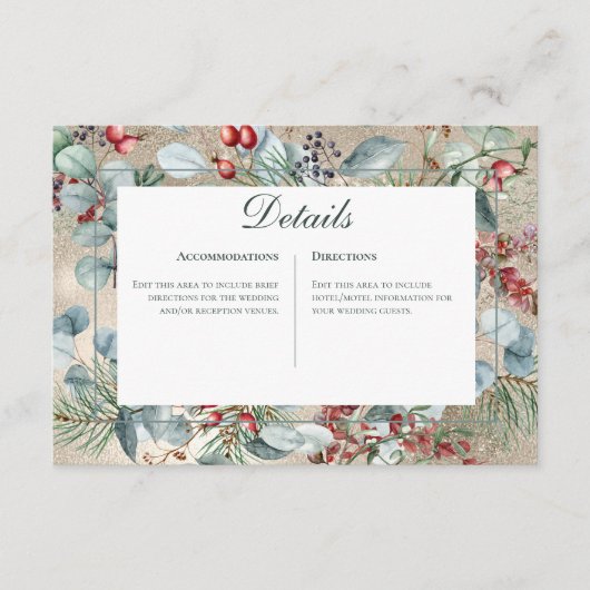 Winter Kerstmis Groen Goud Details Bruiloft Informatiekaartje (Voorkant)