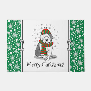 Winter Kerstmis Oud Engels Sheepdog Grey 1 Cute Deurmat