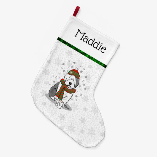 Winter Kerstmis Oud Engels Sheepdog Grey 1 Cute Grote Kerstsok (Voorkant (Hangend))