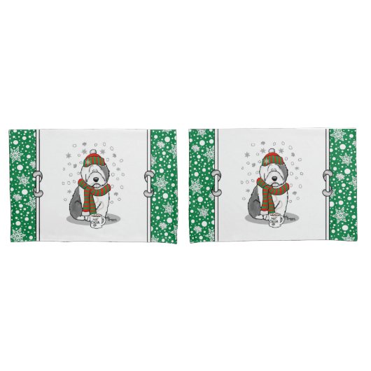 Winter Kerstmis Oud Engels Sheepdog Grey 1 Cute Kussensloop (Voorkant-Set)
