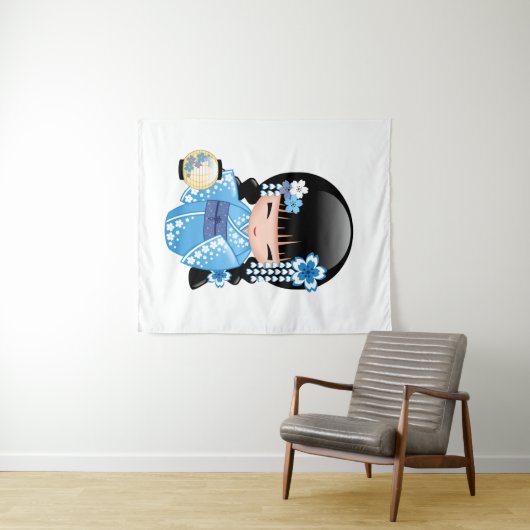 Winter Kokeshi Doll - Blue Kimono Geisha Girl Wandkleed (In Situ (horizontaal))